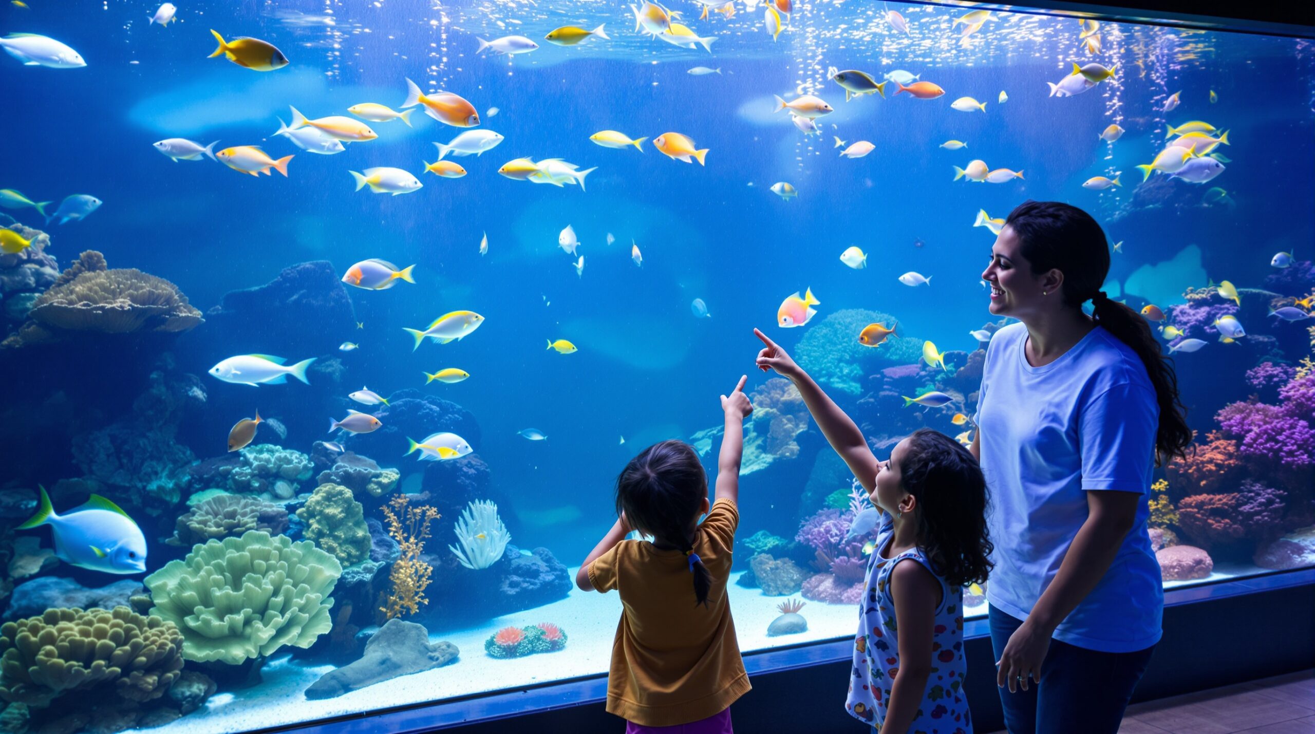 Família brasileira se divertindo em aquário indoor durante as férias