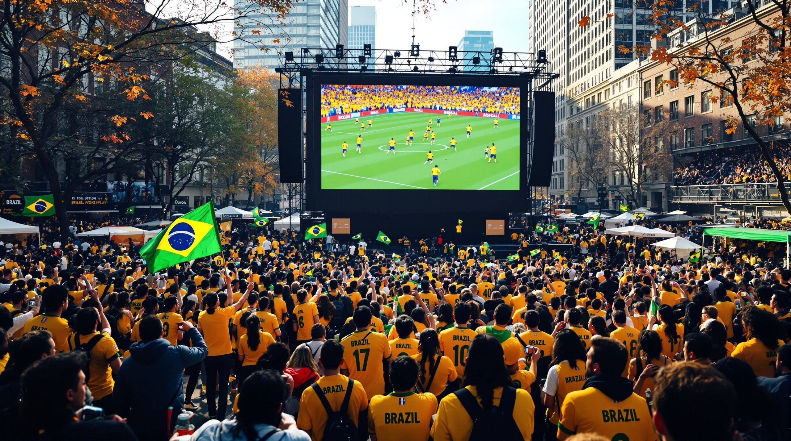 Torcida brasileira assistindo jogo da Copa em telão ao ar livre