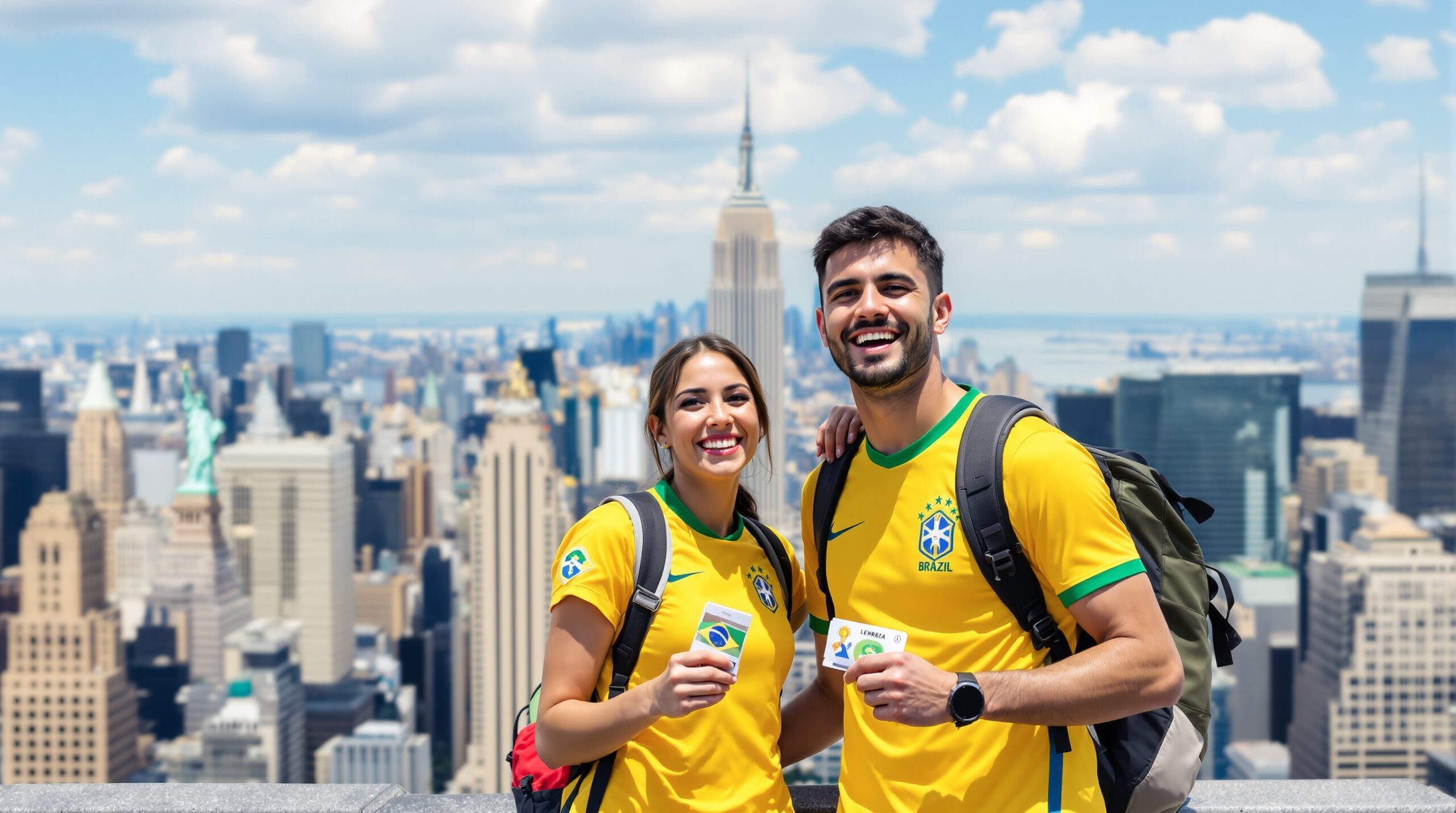 Casal brasileiro com camisa da seleção em Nova York para a Copa 2026