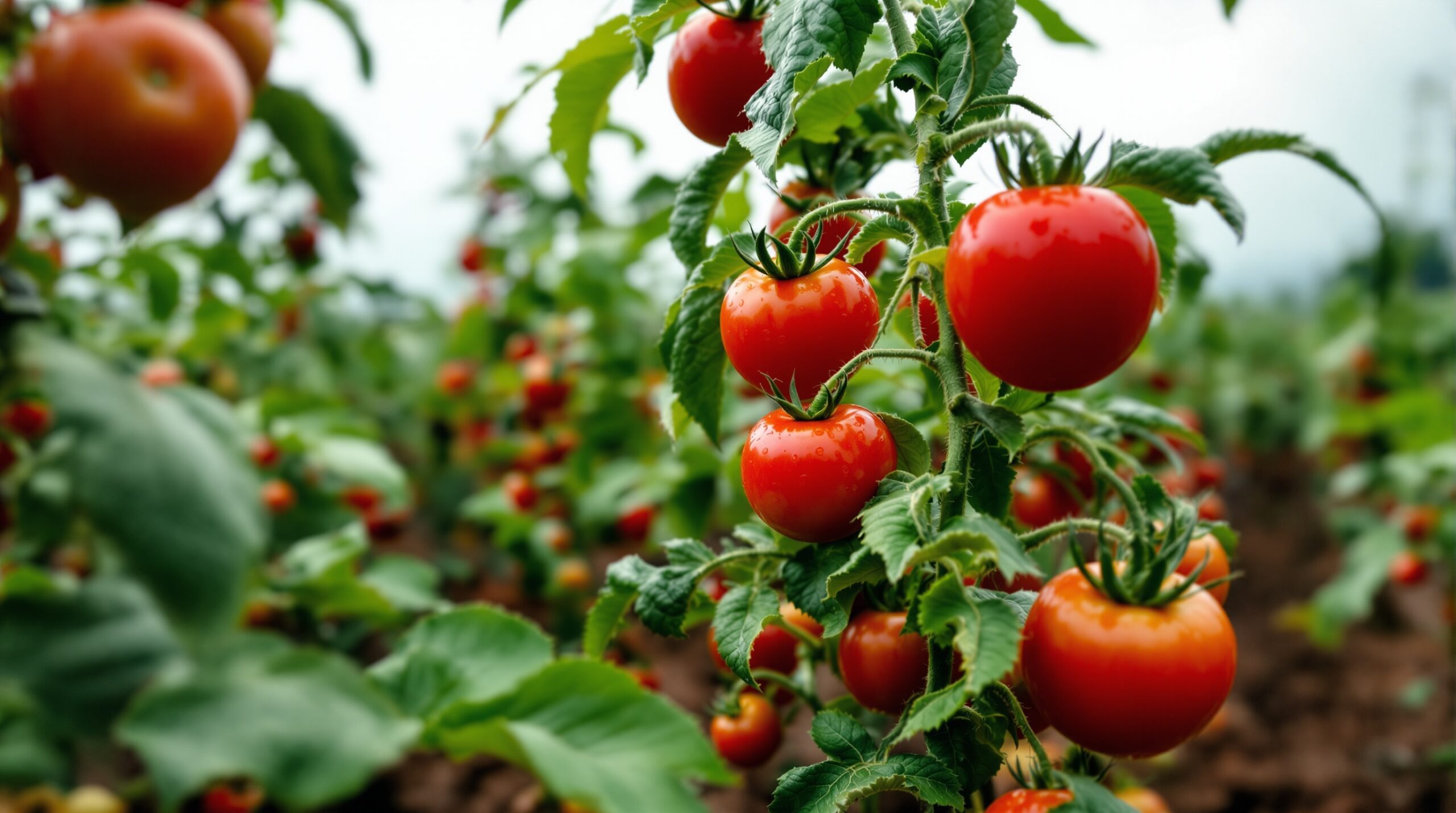 Pés de tomate em lavoura brasileira com gotas de chuva, ilustrando impacto climático na produção 2026