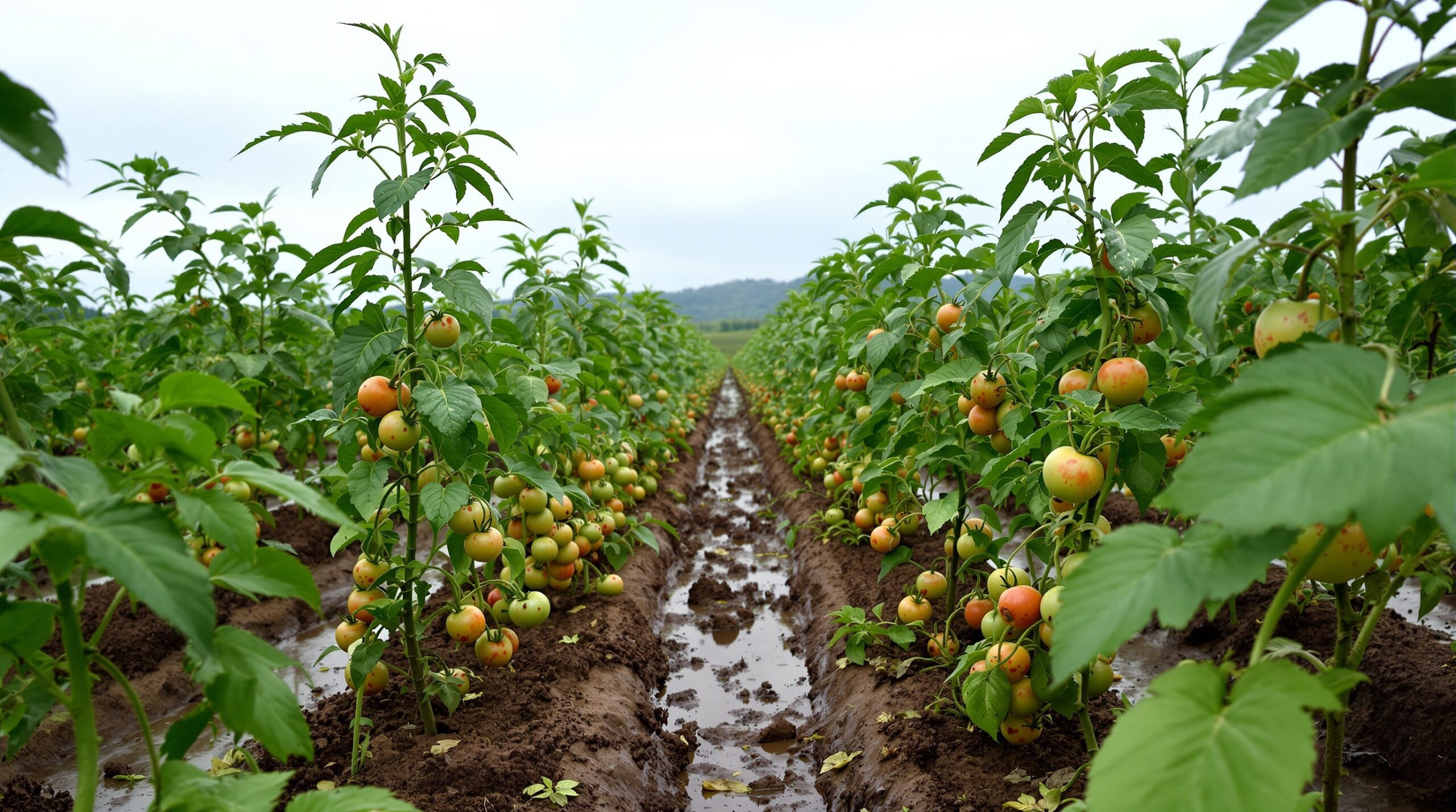 Lavoura de tomate com sinais de doenças fúngicas causadas pelo excesso de chuvas no verão 2026