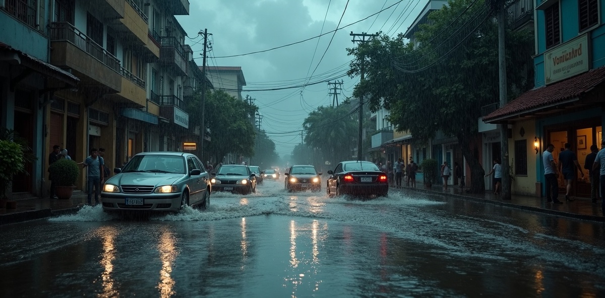 Chuva forte causando alagamento em rua urbana