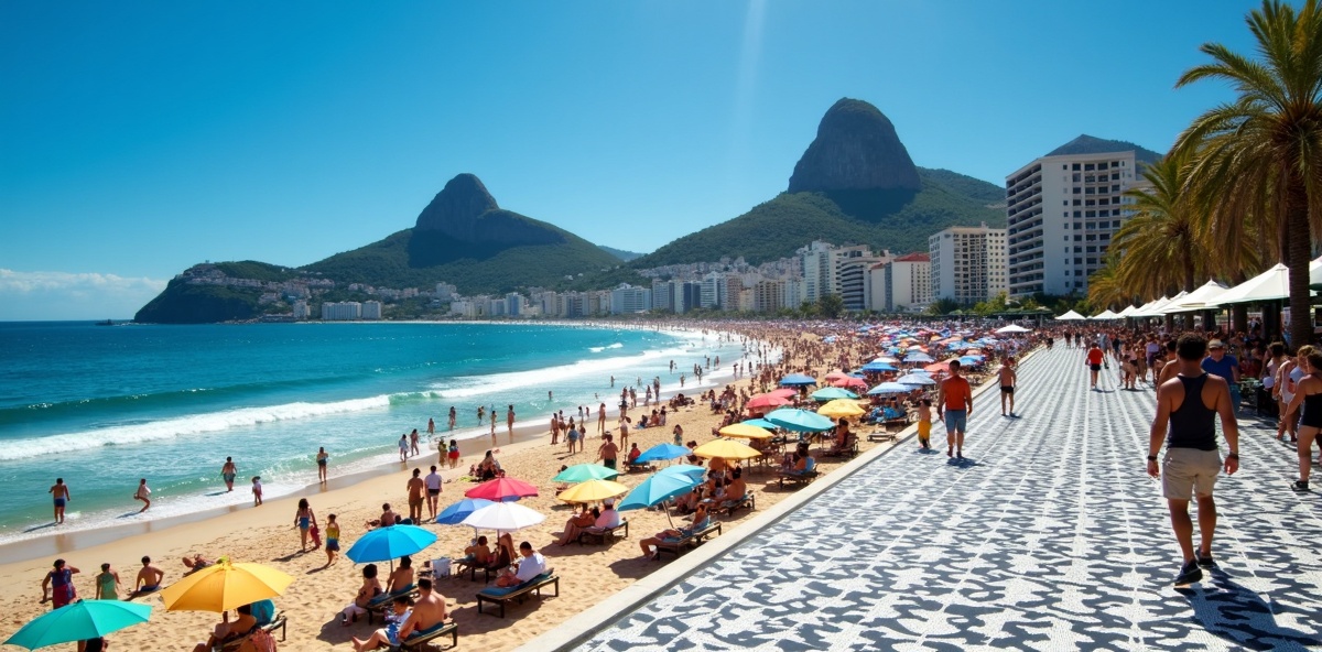 Praia de Copacabana lotada em dia ensolarado