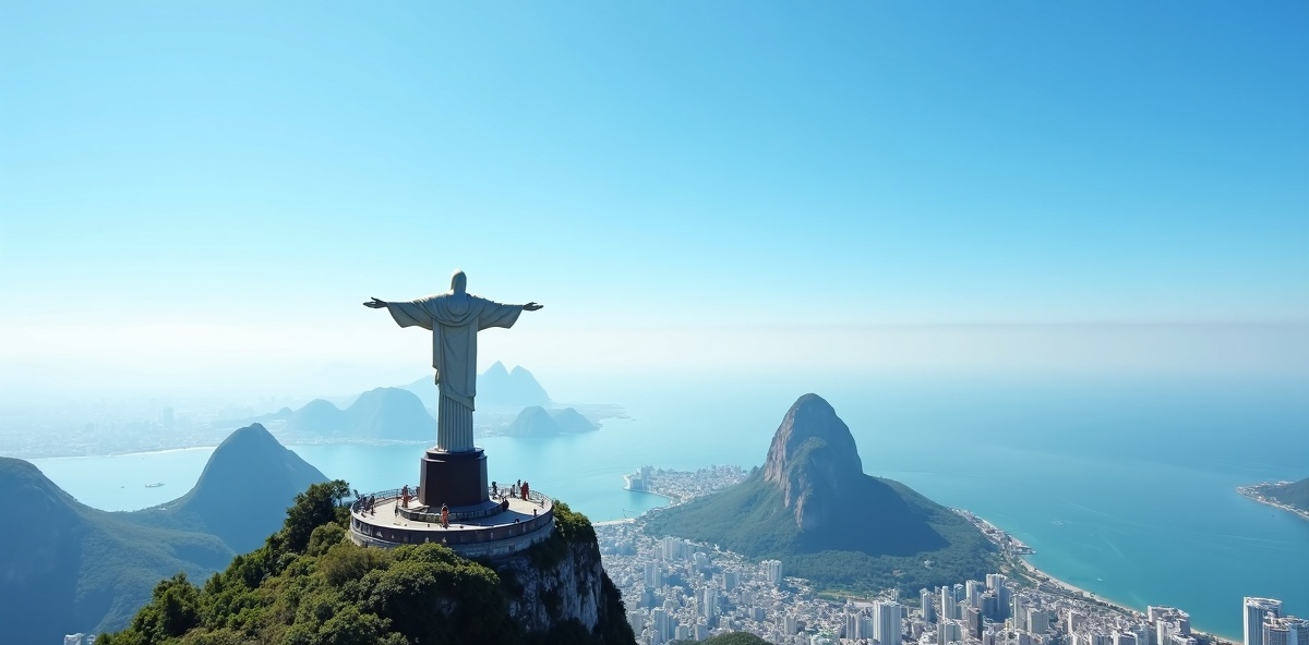 Cristo Redentor em dia claro de inverno com vista panorâmica do Rio