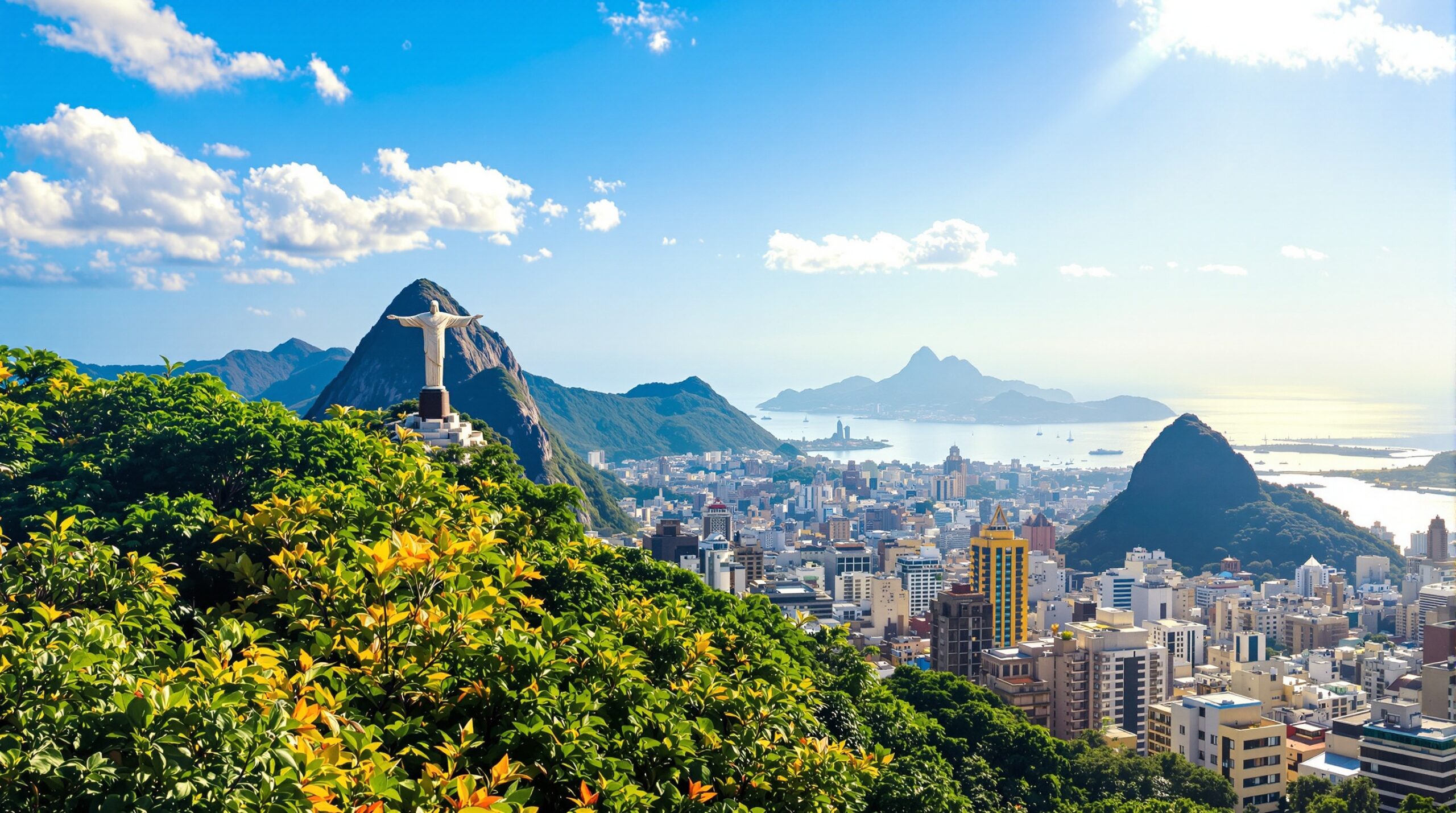 Rio de Janeiro em dia ensolarado com Cristo Redentor ao fundo
