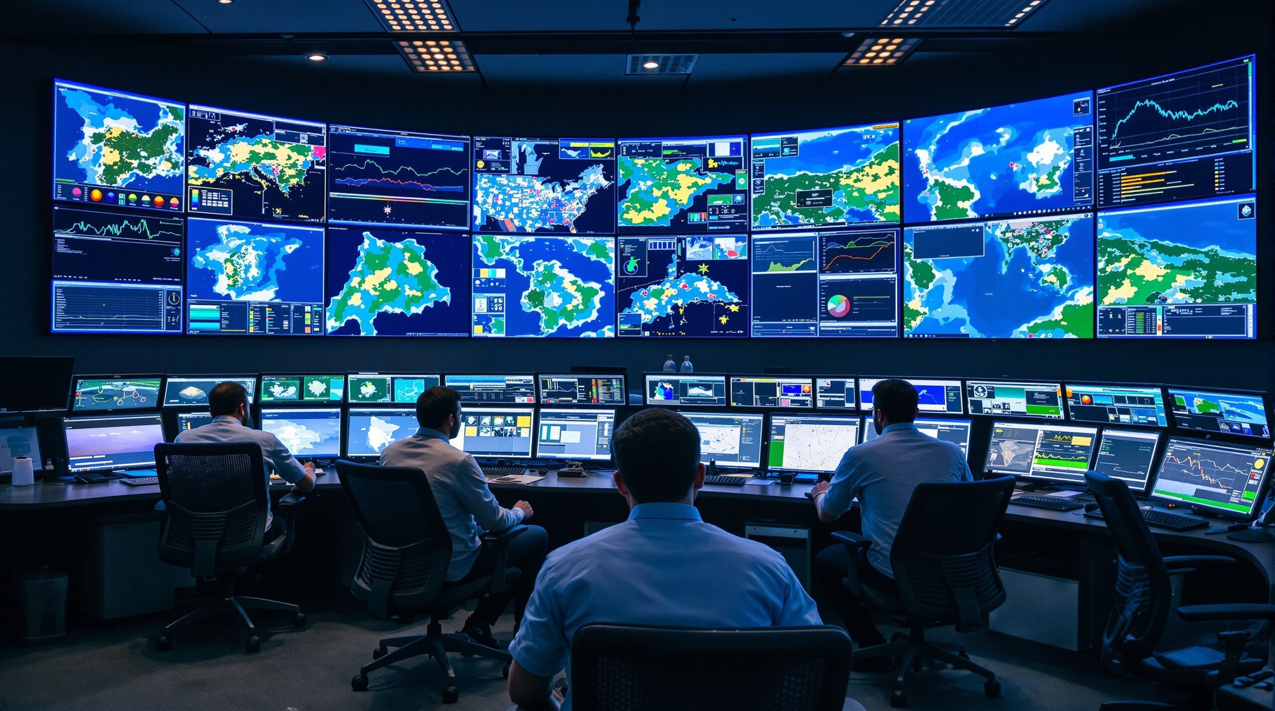 Centro meteorológico do INMET com meteorologistas analisando dados