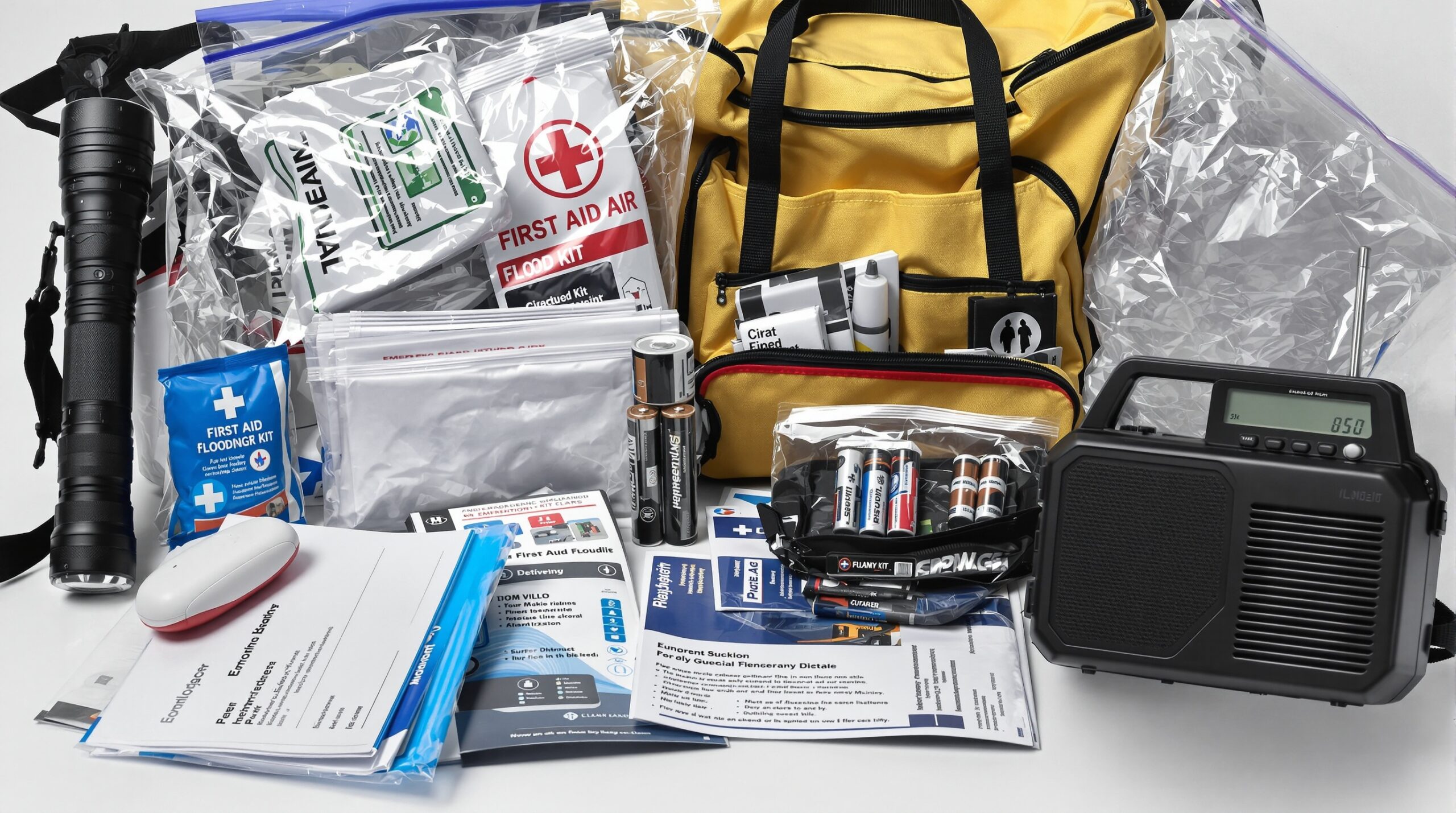 Kit de emergência com lanternas, água, documentos e suprimentos essenciais para situações de chuvas intensas