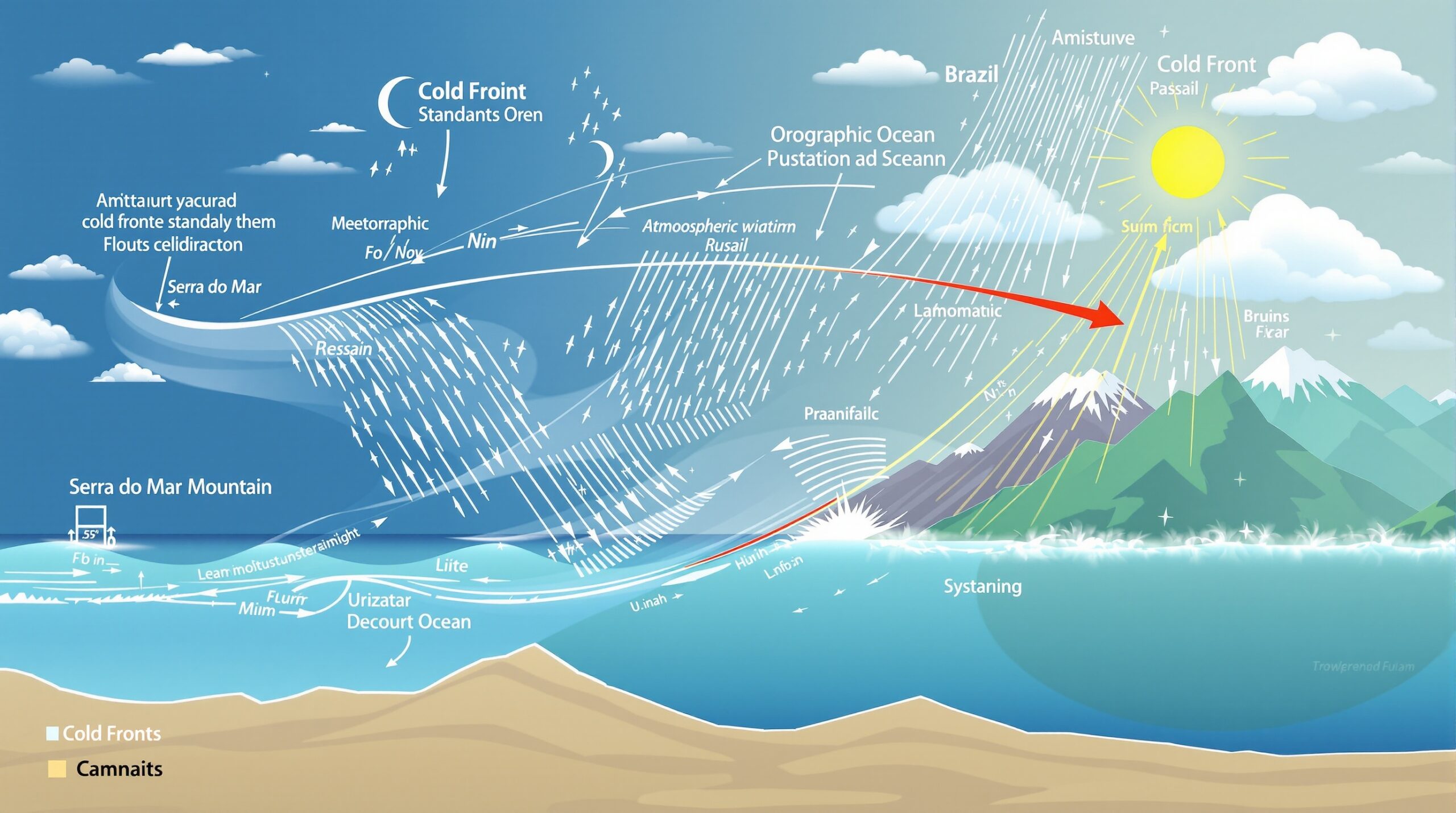 Diagrama meteorológico mostrando frente fria estacionária, umidade do oceano e formação de chuvas orográficas na Serra do Mar