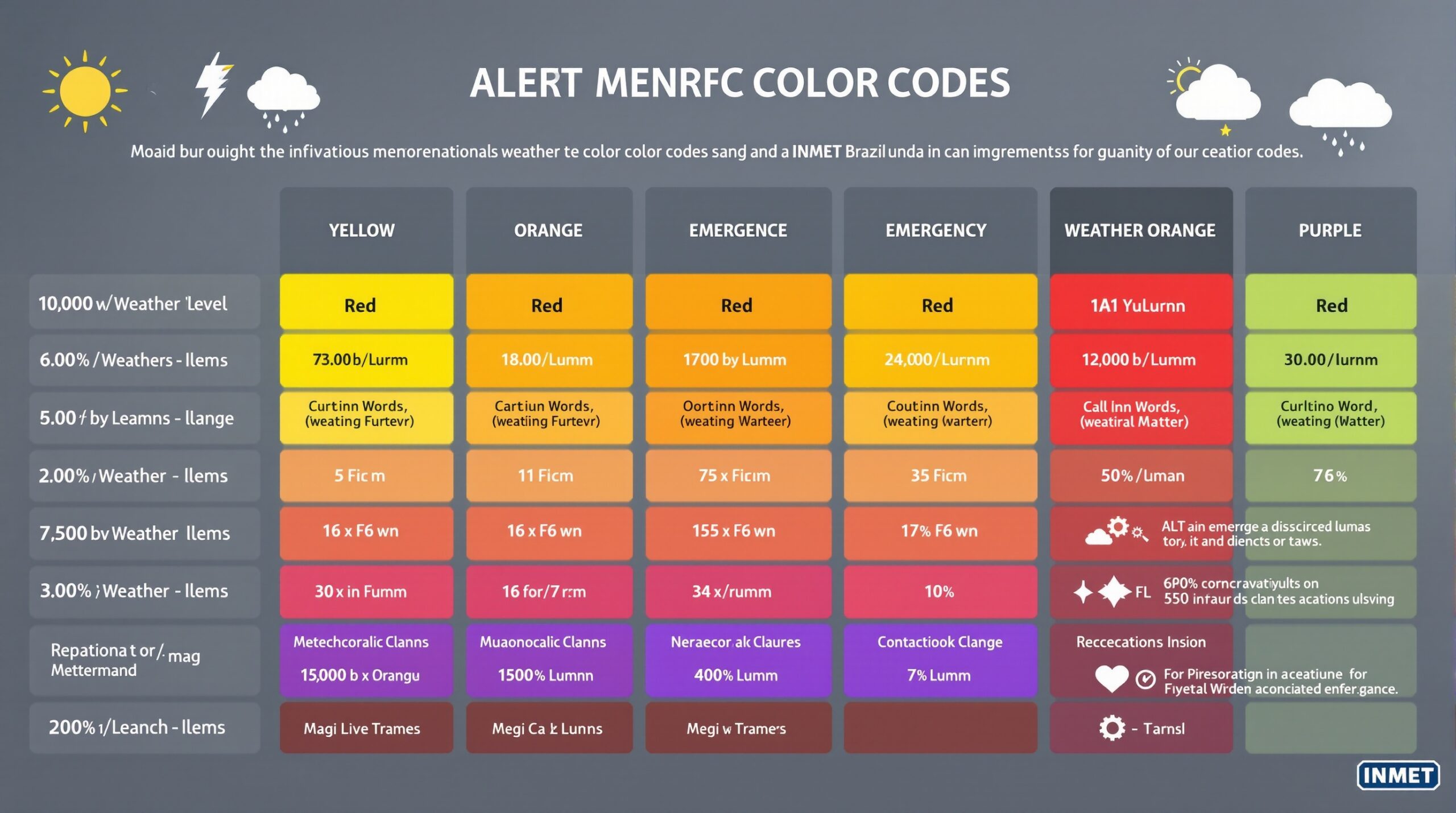 Sistema de códigos de cores dos alertas meteorológicos do INMET mostrando os quatro níveis de perigo: amarelo, laranja, vermelho e roxo