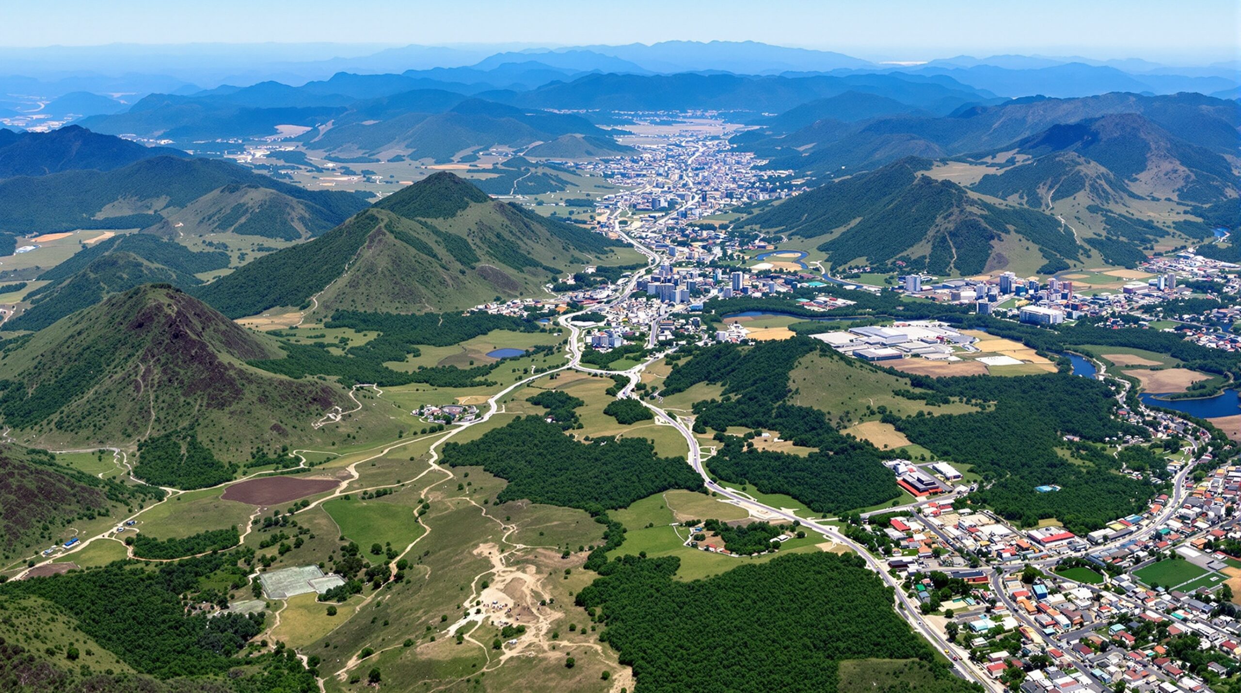 Vista aérea do Vale do Paraíba mostrando as cidades de Taubaté e São José dos Campos com suas diferentes características geográficas