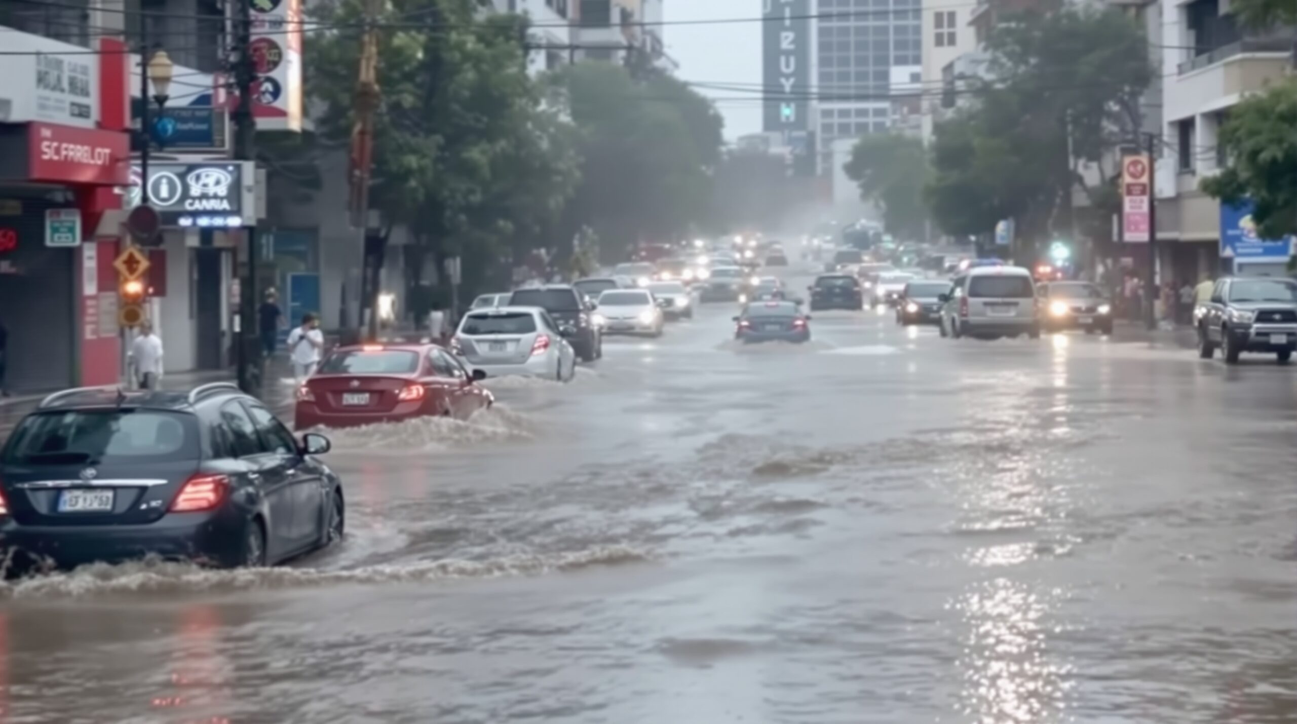Rua alagada em São Paulo com carros presos na água durante chuva forte
