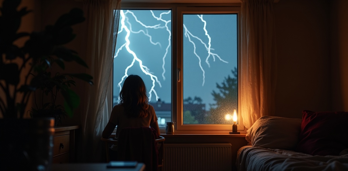 Pessoa segura dentro de casa durante tempestade