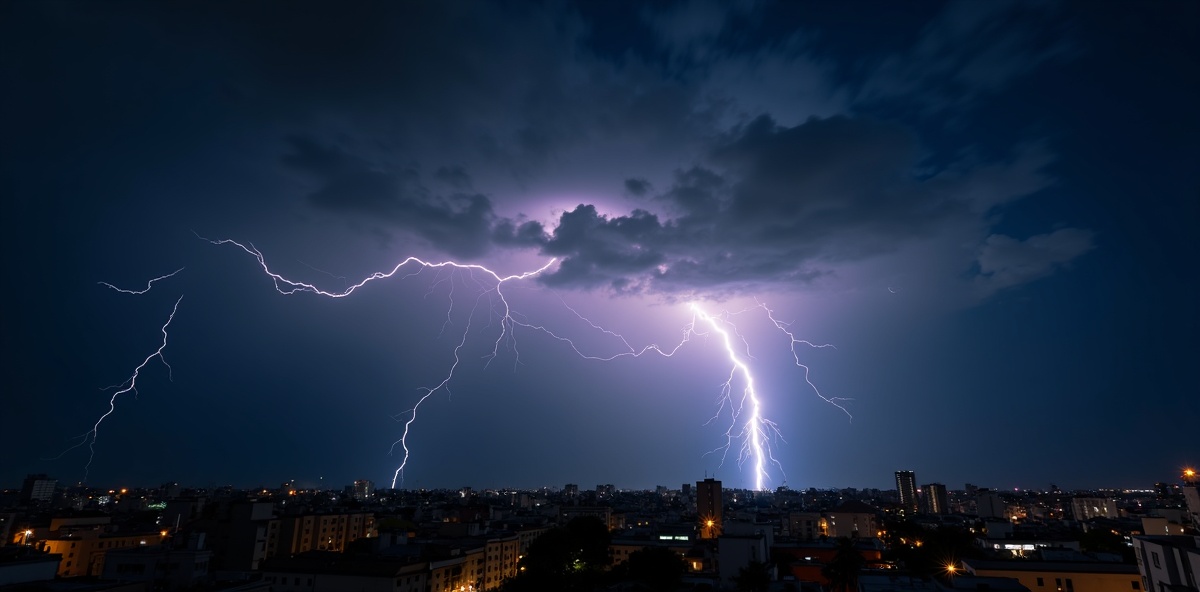 Tempestade com raios sobre cidade brasileira