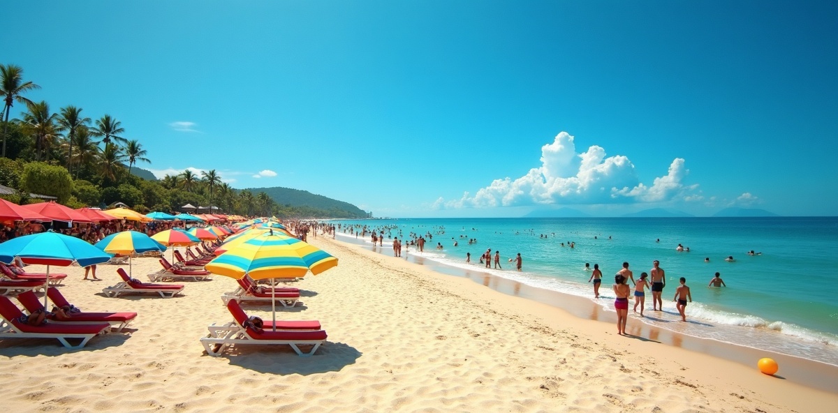 Verão brasileiro com praia movimentada e céu azul
