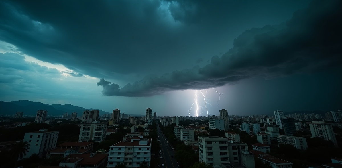 Tempestade típica de verão brasileiro se formando sobre a cidade