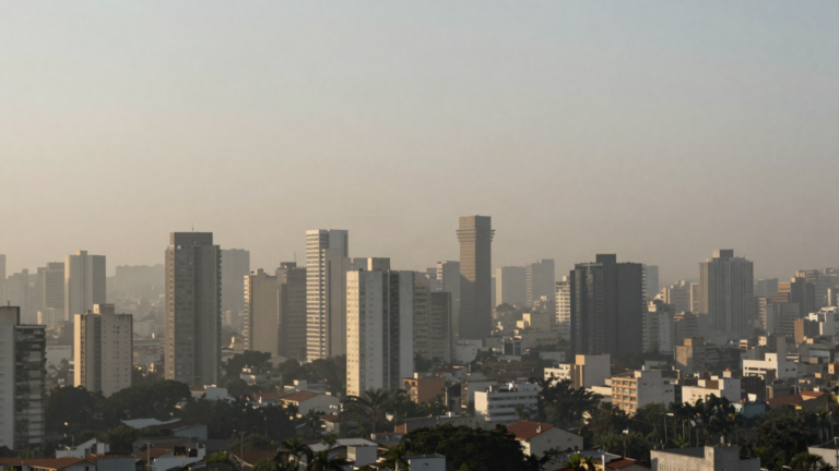 Neblina de poluicao sobre a silhueta de uma grande cidade brasileira