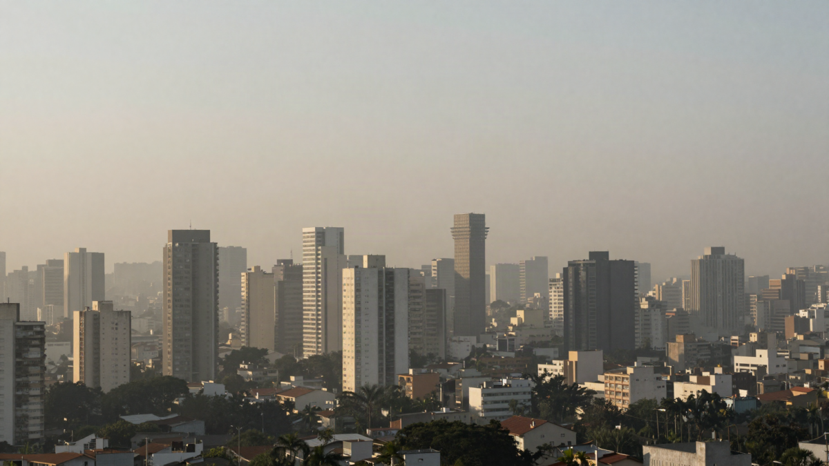Neblina de poluicao sobre a silhueta de uma grande cidade brasileira