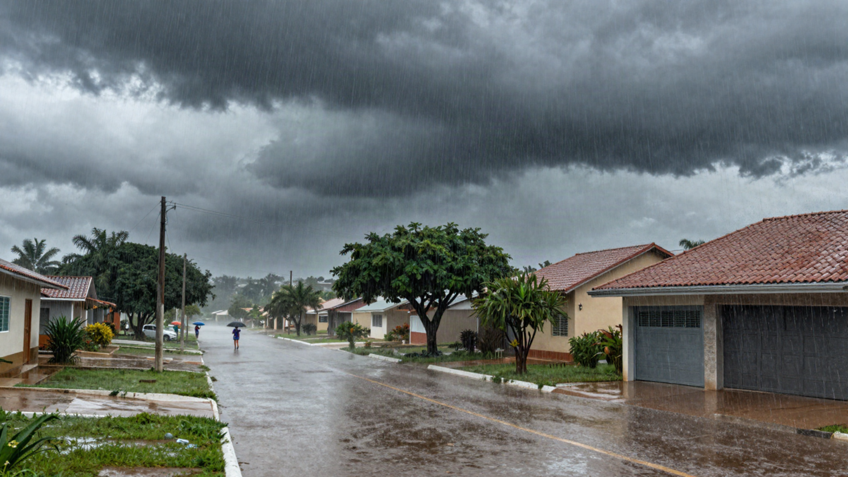 Chuva forte sobre bairro brasileiro com rua alagada e nuvens escuras