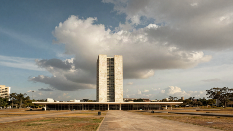 Arquitetura moderna de Brasilia sob ceu amplo com grandes nuvens