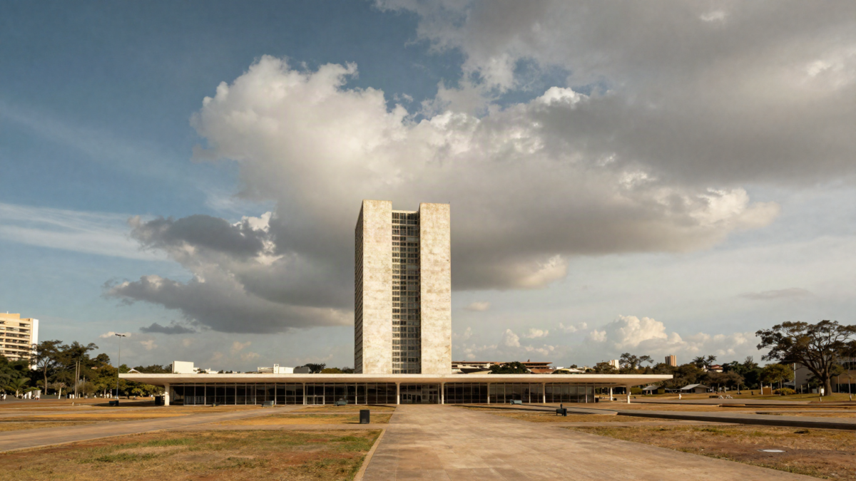 Arquitetura moderna de Brasilia sob ceu amplo com grandes nuvens