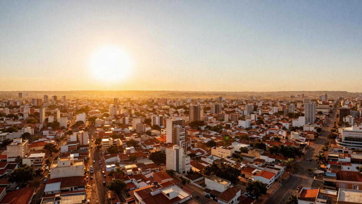 Cidade brasileira sob calor extremo com sol forte e ar quente