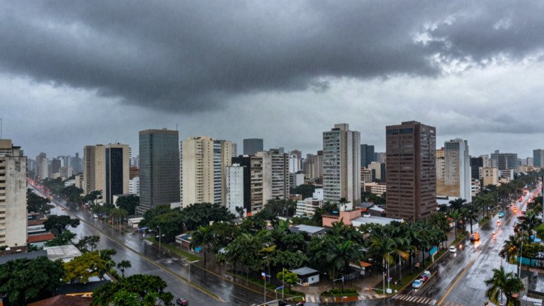Chuva forte sobre a metropole de Sao Paulo ao anoitecer