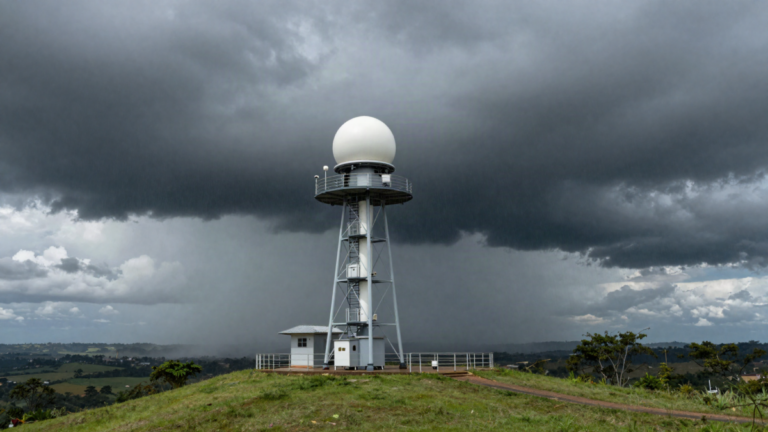 Torre de radar meteorologico sob nuvens de tempestade e chuva ao longe