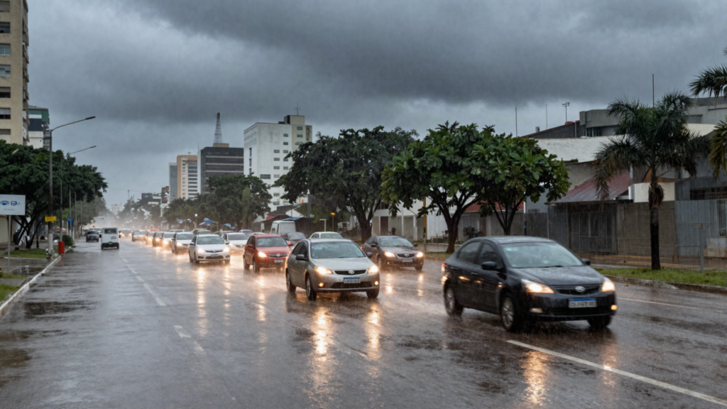 Chuva forte alagando avenida com transito na cidade de Sao Paulo