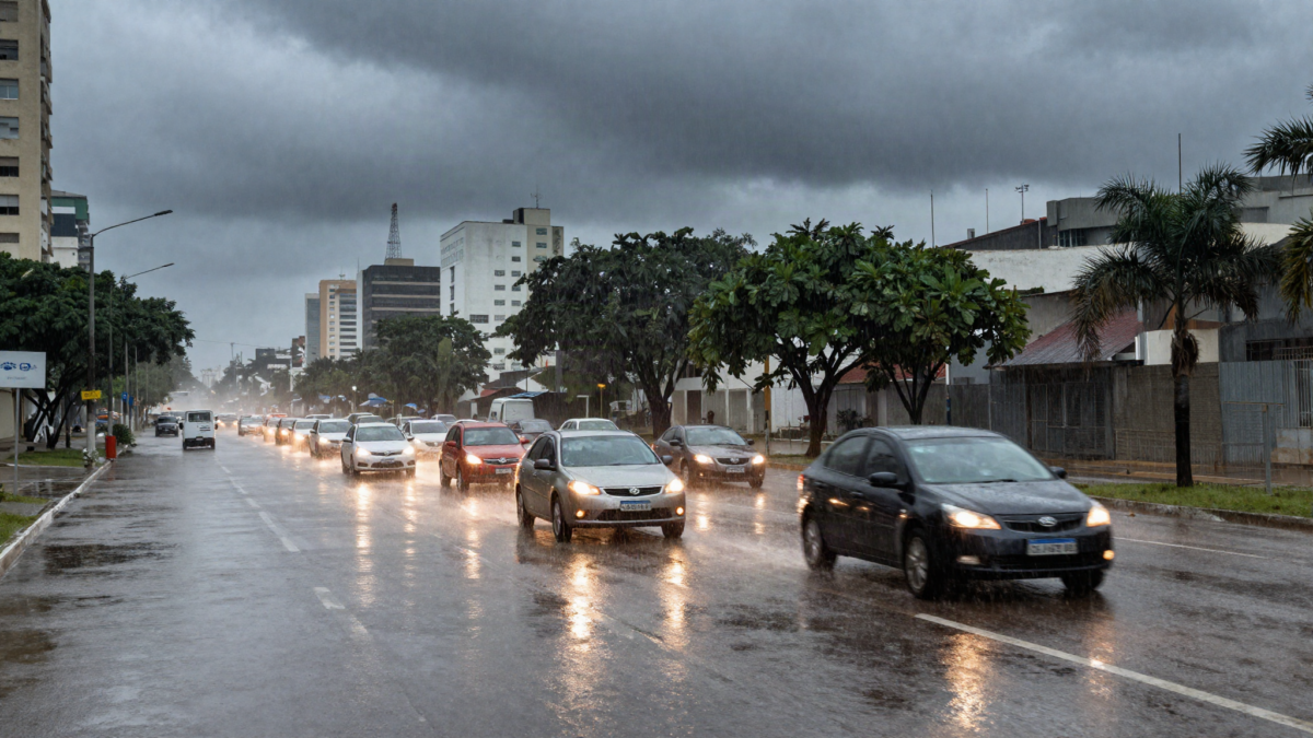 Chuva forte alagando avenida com transito na cidade de Sao Paulo