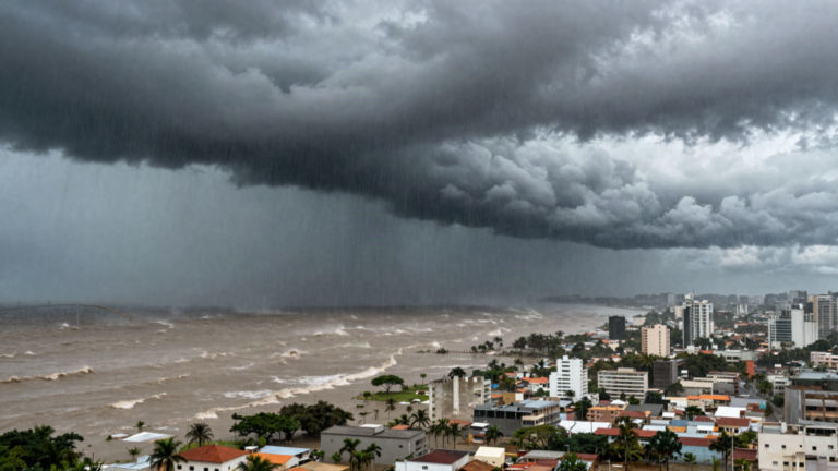 Tempestade severa com chuva intensa sobre cidade litoranea brasileira