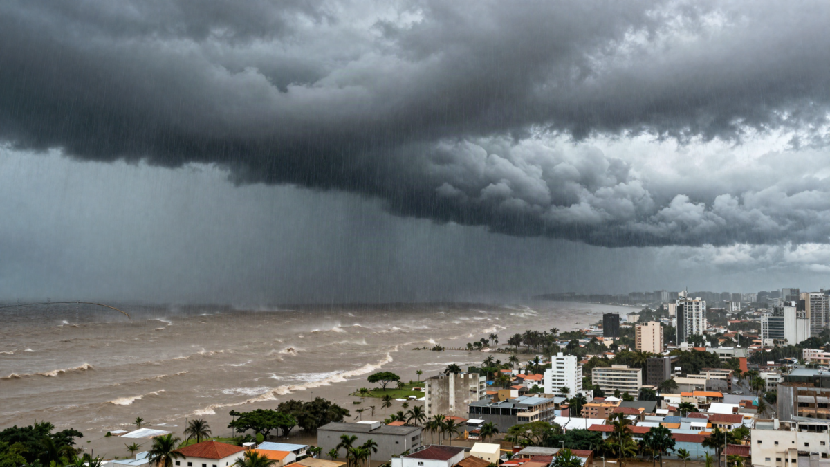 Tempestade severa com chuva intensa sobre cidade litoranea brasileira
