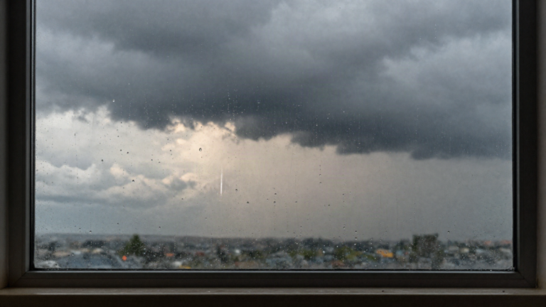 Janela com chuva e ceu tempestuoso ao fundo em clima de mudanca de tempo