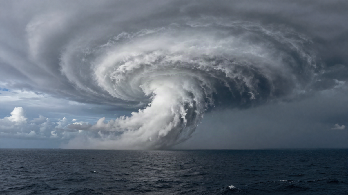 Grande sistema de tempestade em espiral sobre o oceano perto da costa brasileira