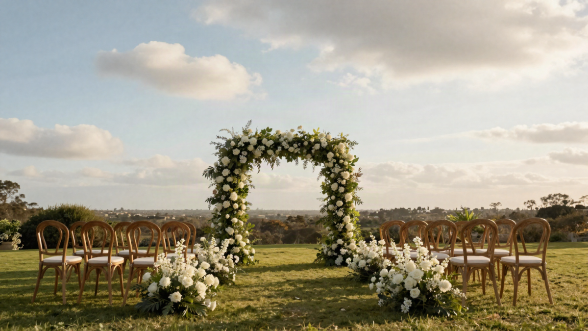 Cerimonia de casamento ao ar livre em jardim sob ceu parcialmente nublado