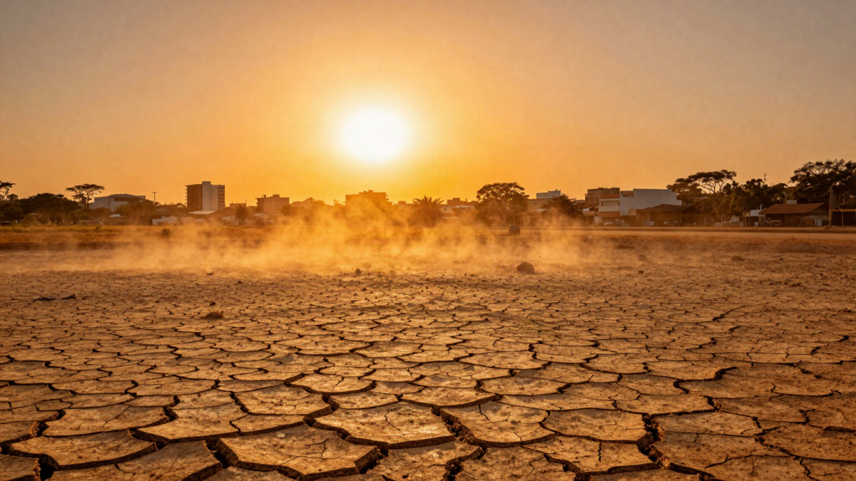 Onda de calor extremo sobre paisagem urbana brasileira seca e sol intenso