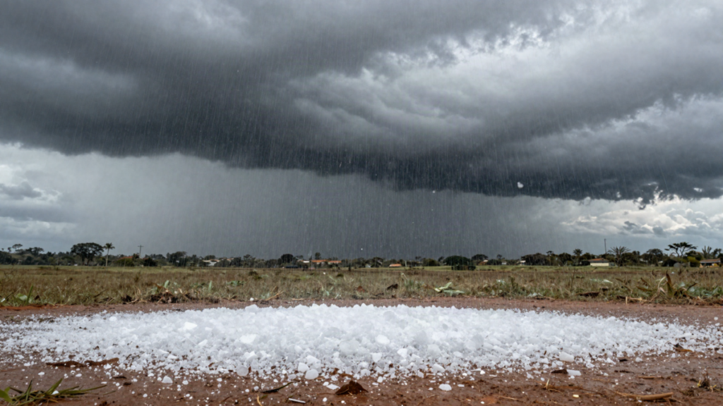 Tempestade de granizo com pedras de gelo caindo sob ceu escuro no Brasil