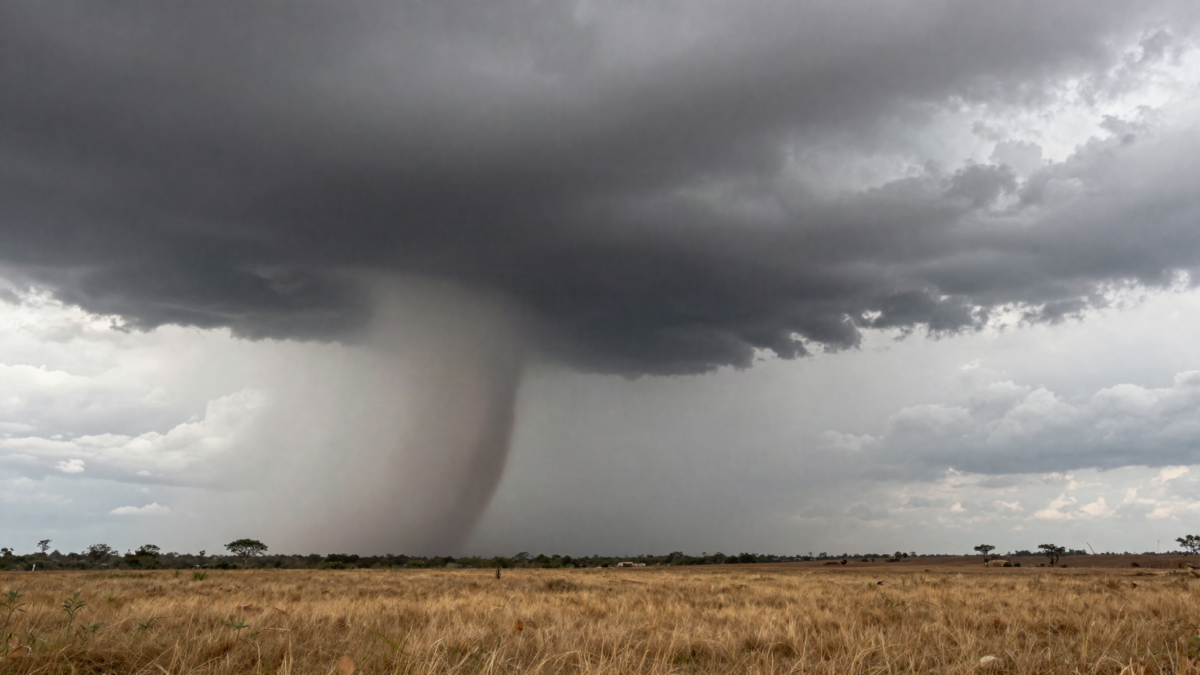 Funil de tornado ao longe sobre planicie brasileira sob tempestade escura