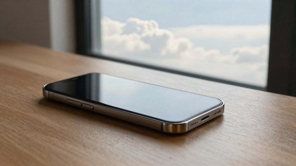 Smartphone sobre mesa junto a janela com ceu e nuvens ao fundo
