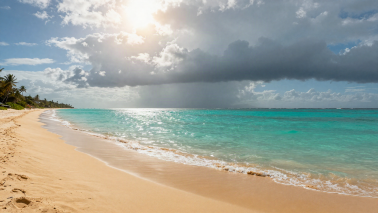 Praia tropical do Nordeste no verao com mar turquesa e nuvens de chuva ao longe