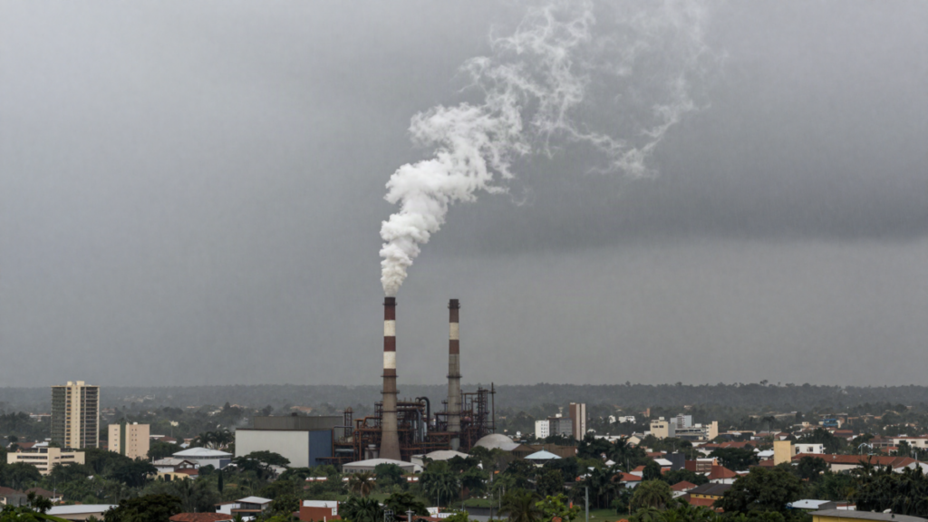 Chamines industriais liberando fumaca em ceu cinzento com chuva de poluicao