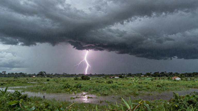Tempestade de verao com chuva forte e relampagos sobre paisagem brasileira