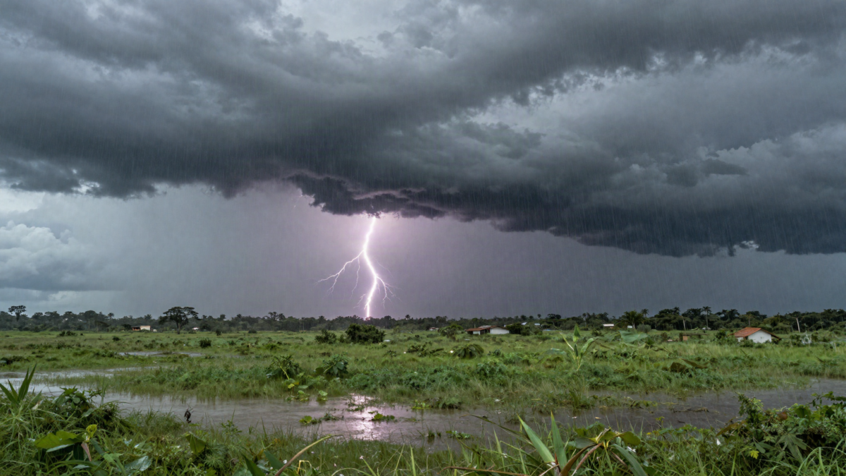 Tempestade de verao com chuva forte e relampagos sobre paisagem brasileira