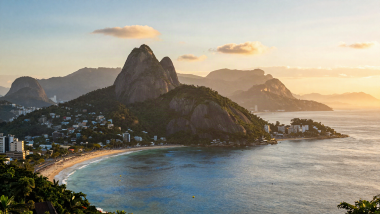 Panorama das montanhas e da baia do Rio de Janeiro ao por do sol