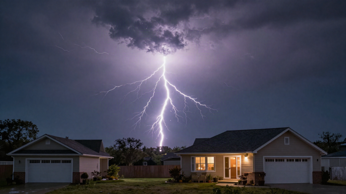 Raio atingindo perto de uma casa a noite durante forte tempestade