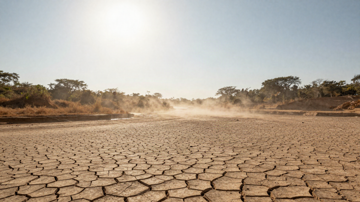 Paisagem seca e empoeirada com sol palido e baixa umidade do ar