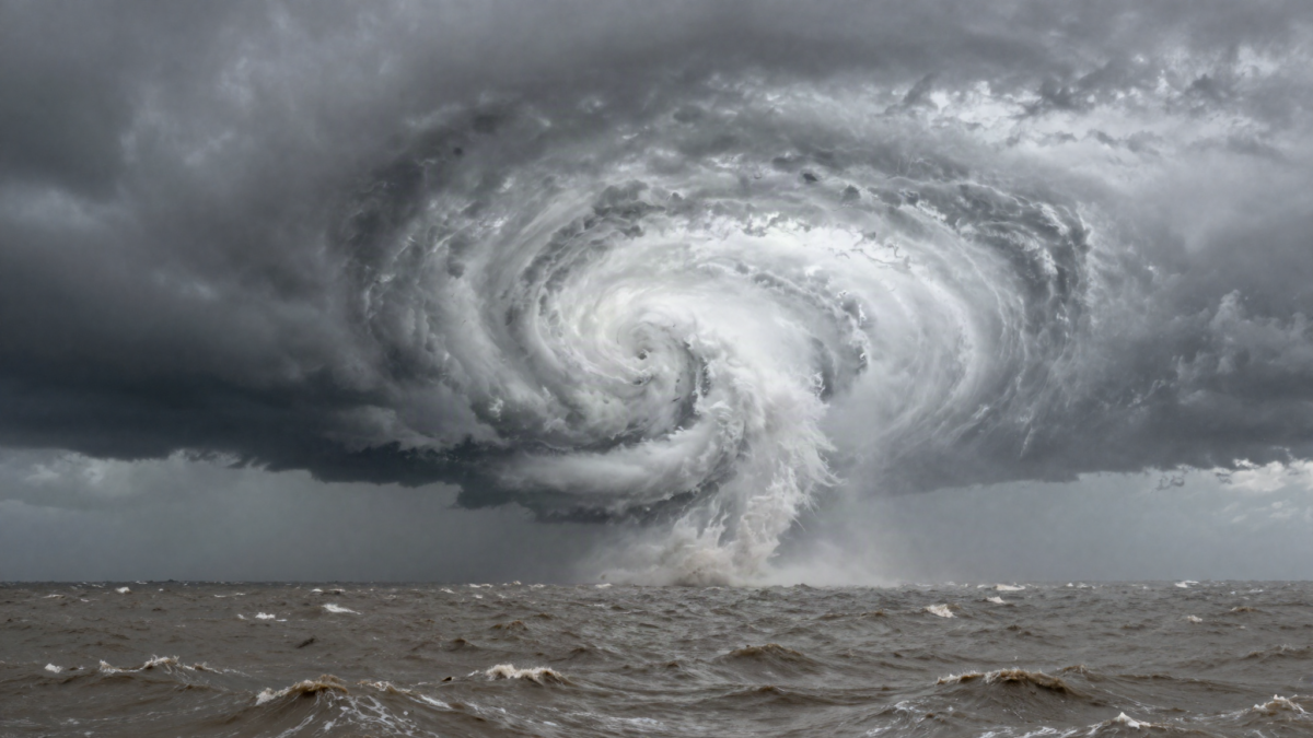 Ciclone poderoso se aproximando da costa brasileira com nuvens em espiral