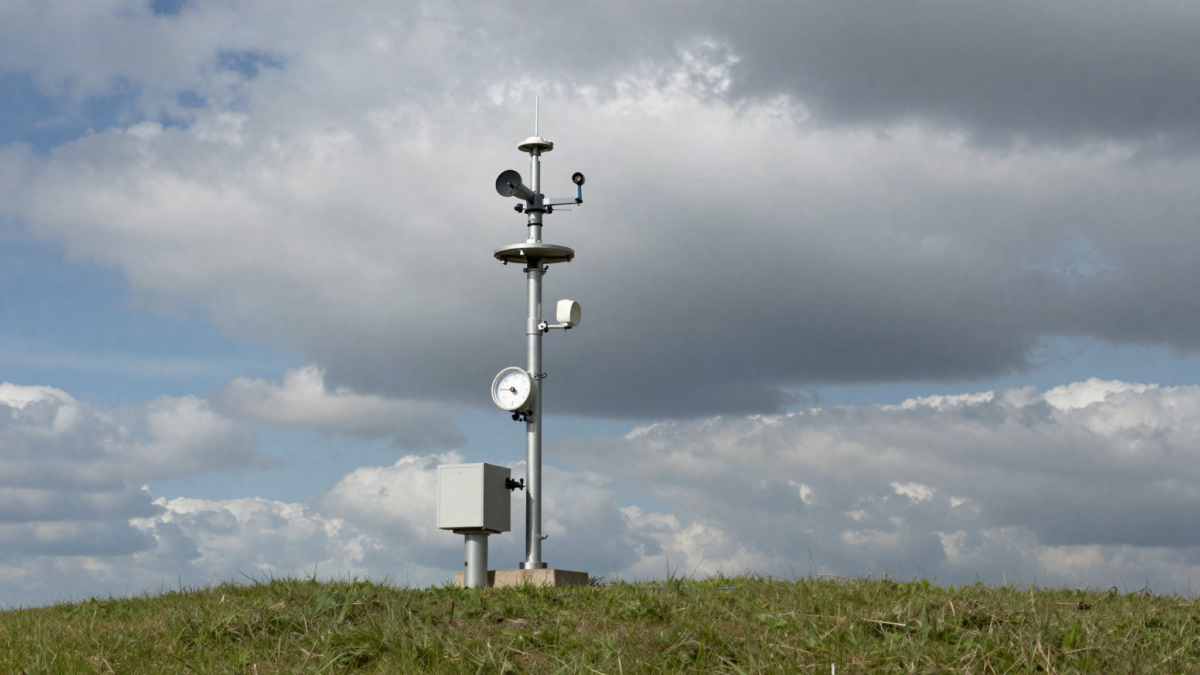 Estacao meteorologica com instrumentos em colina sob ceu dinamico
